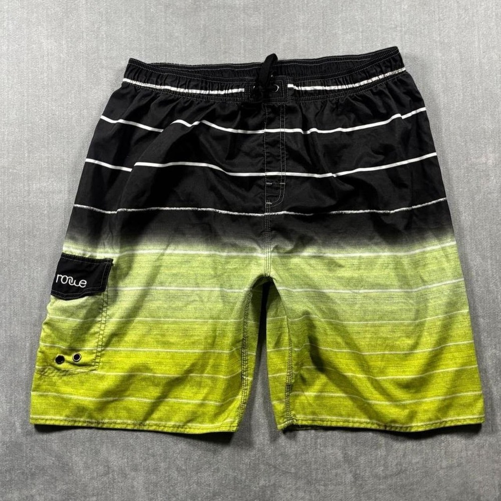 Nonwe Mens Neon Green Black Striped Board Shorts Size 42 Ombre Swim Trunks